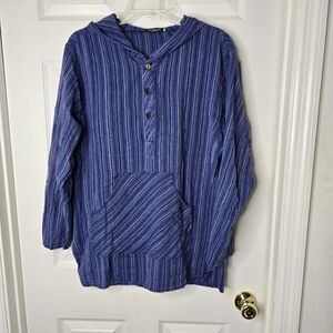 Earthbound Trading Co. Striped Blue‎ Hooded cotton Pullover womens M
